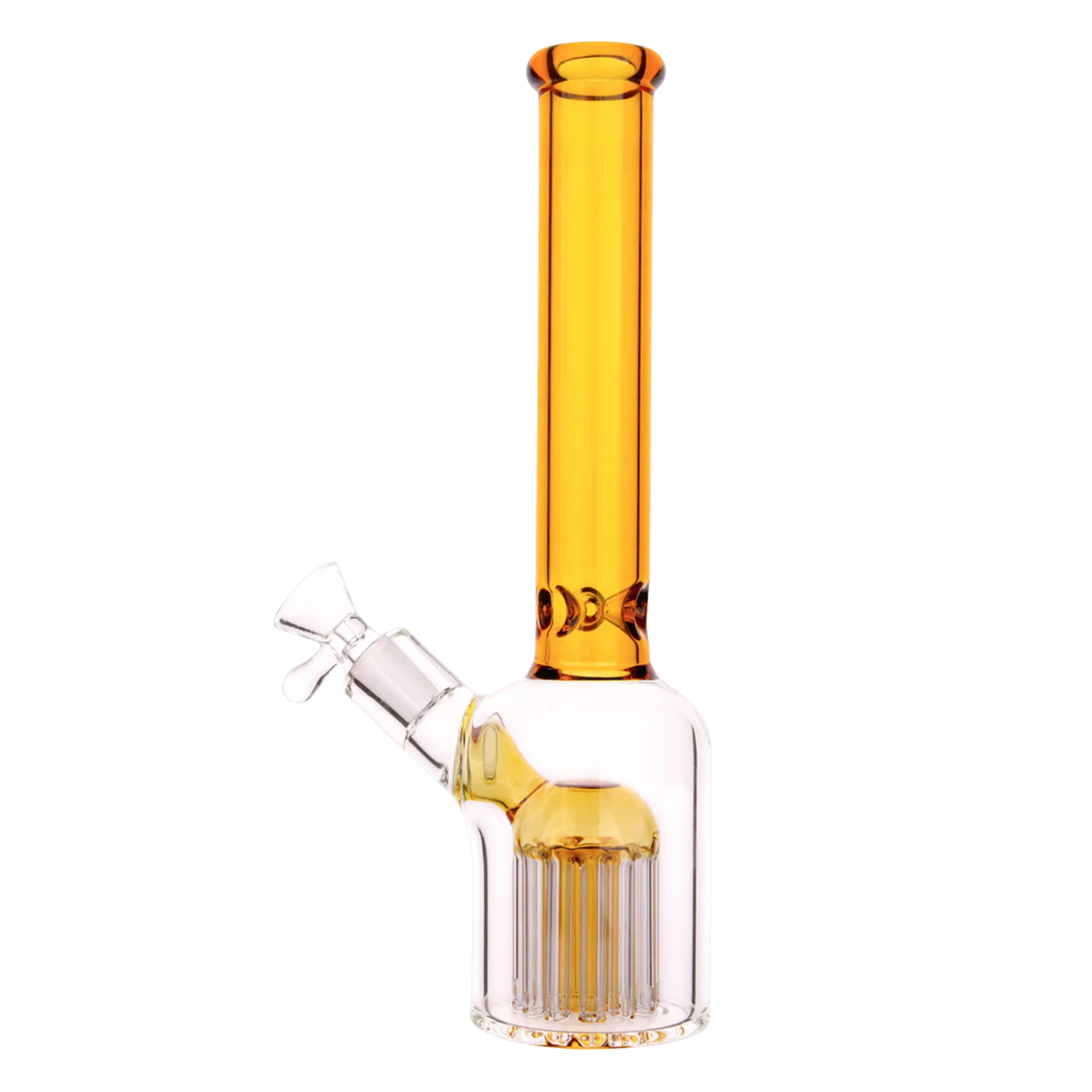 Close-up, front view of the DHC Color Tube & Tree Perc Rounded Beaker Bong - 10.5 in. showing a clear body with a vertical amber jade-pink neck and internal tree percolator.