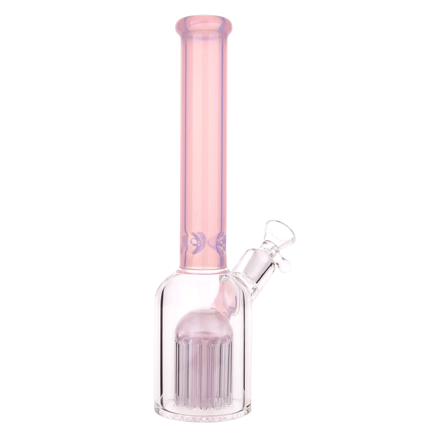 Straight-on view of the DHC Color Tube & Tree Perc Rounded Beaker Bong - 10.5 in. showing its tall pink tube, clear rounded chamber and visible tree perc inside.