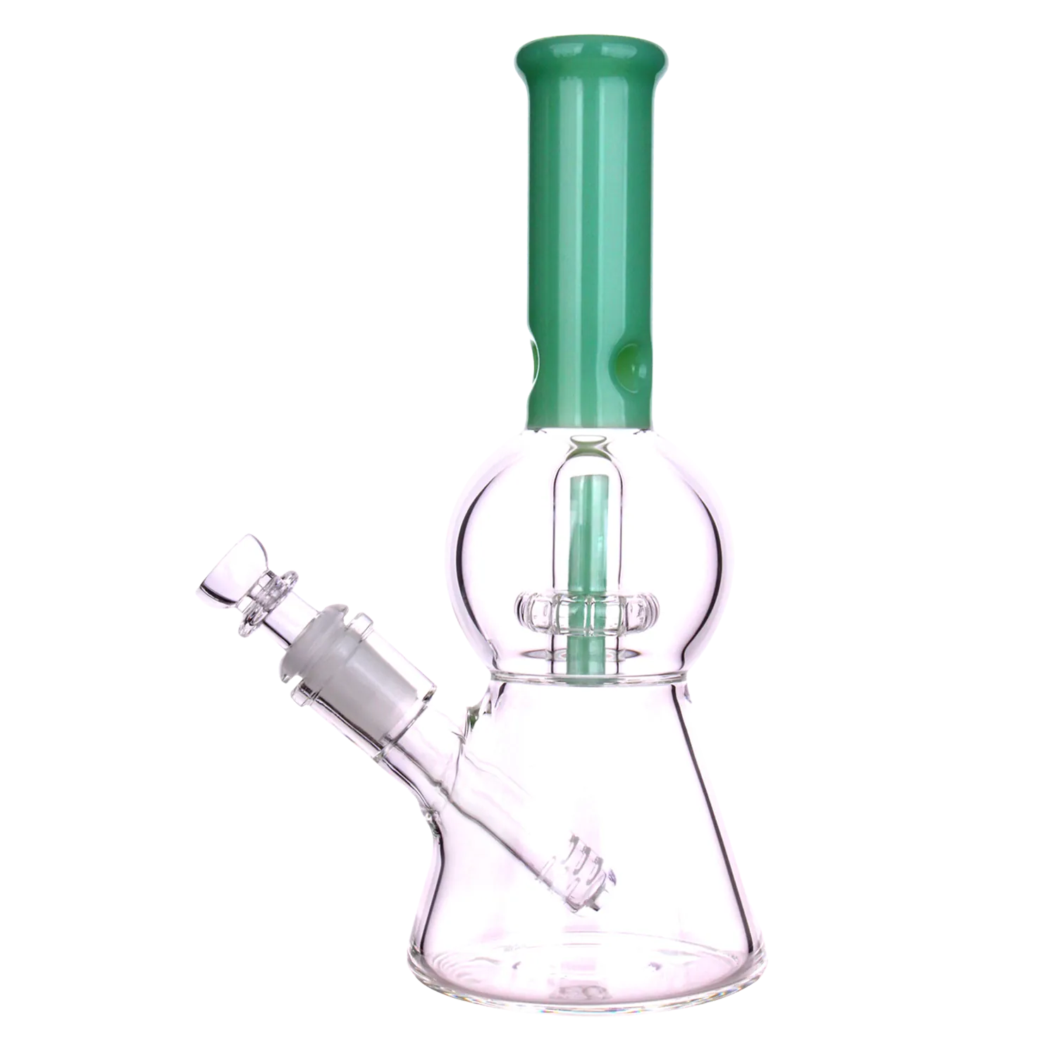 Side view of the DHC Color UFO Perc Beaker Bong - 8.5 in. showing a clear glass beaker body with a vertical green mouthpiece and angled downstem.