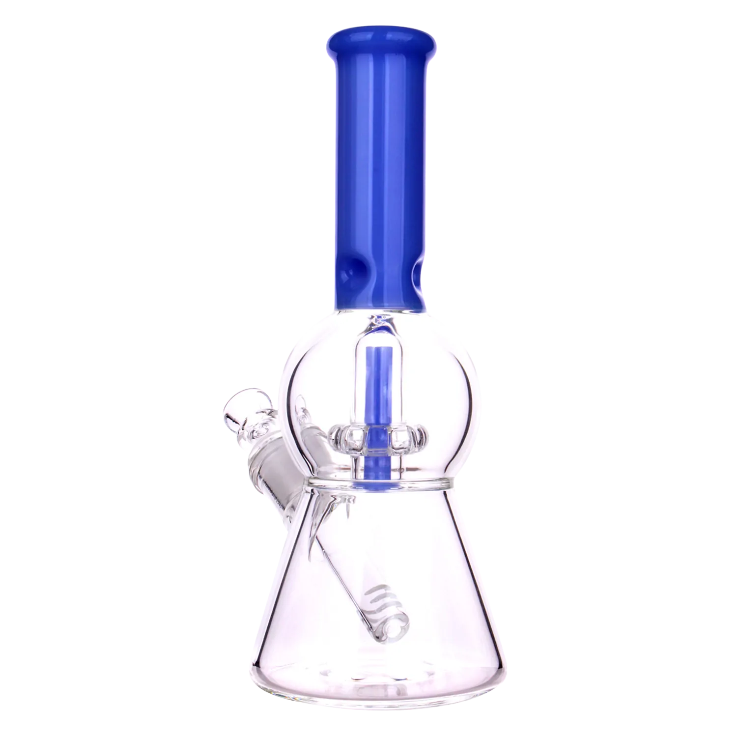 Front view of the DHC Color UFO Perc Beaker Bong - 8.5 in. showing a clear glass beaker base with a milky blue straight neck and internal downstem.