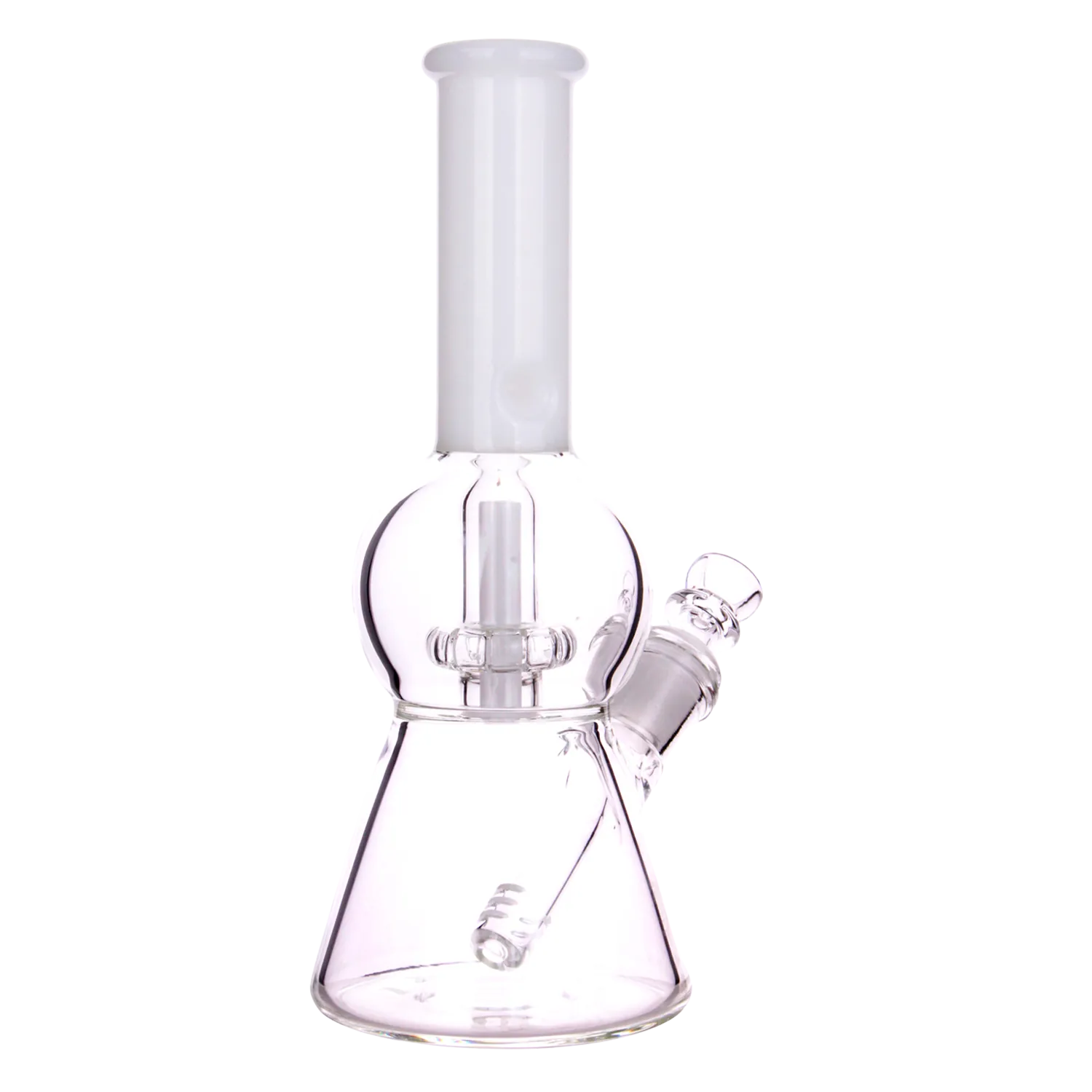 Front-on view of the DHC Color UFO Perc Beaker Bong - 8.5 in. showing the white-tinted straight neck, spherical chamber and angled downstem against a white background