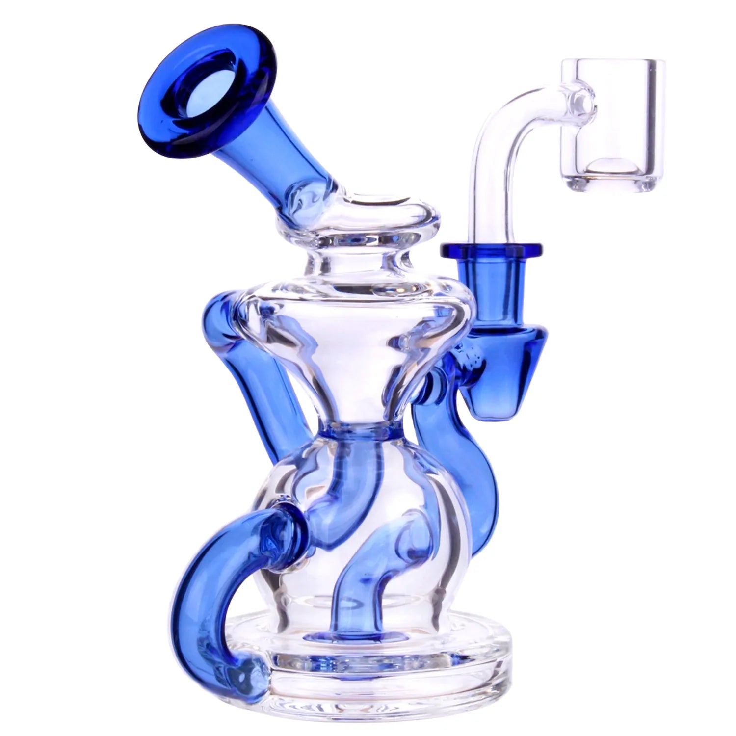 Angled close-up of the Smoke DHC Color Tube Recycler Dab Rig - 5.2 in., showing cobalt-blue curved tubes and clear glass chambers.
