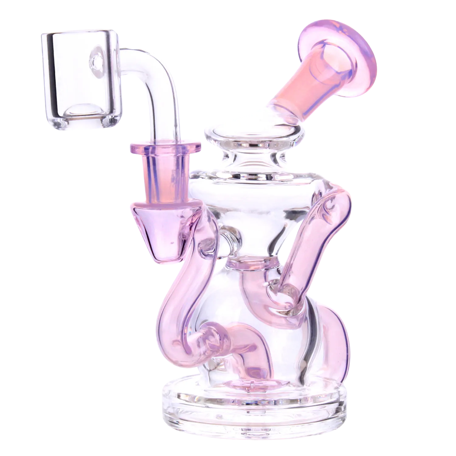 Close-up three-quarter view of the teal DHC Color Tube Recycler Dab Rig - 5.2 in., showing its curved pink-tinted glass tubes and clear chamber against a white background