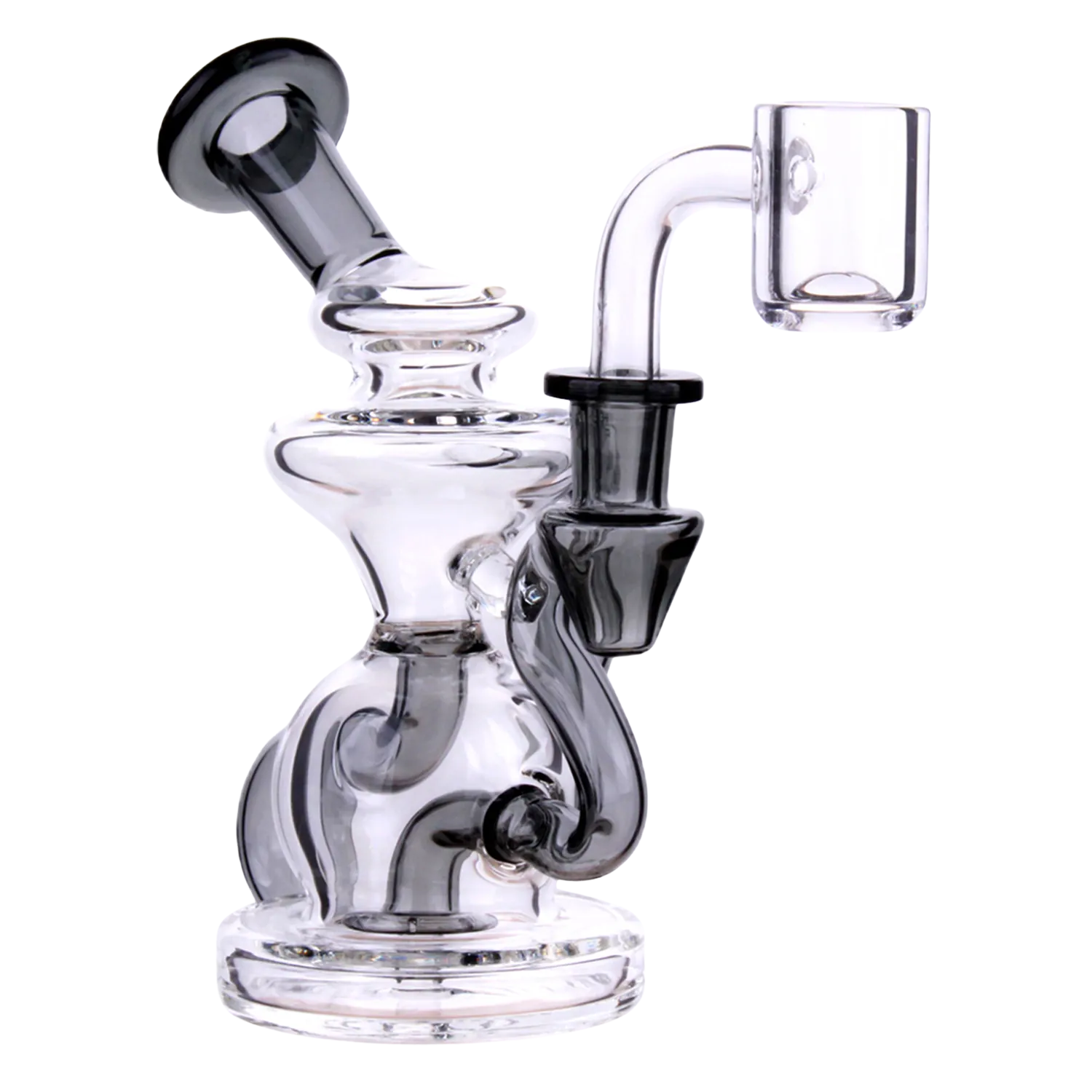 Right-side close-up of the DHC Color Tube Recycler Dab Rig - 5.2 in. showing its clear glass body with dark gray accents and bubbled base