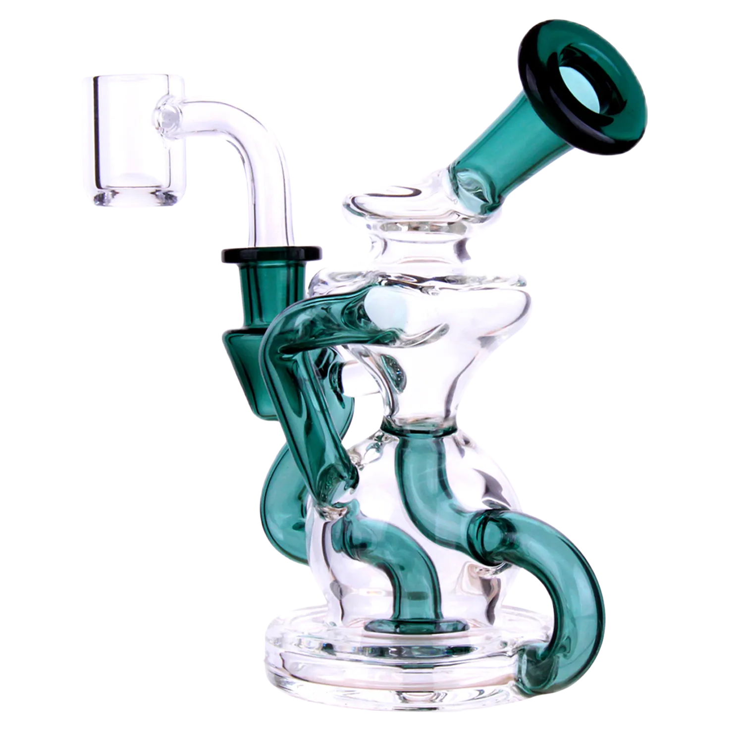 Close-up three-quarter view of the blue DHC Color Tube Recycler Dab Rig - 5.2 in., showing twisted teal glass tubes and a clear chamber against a white background