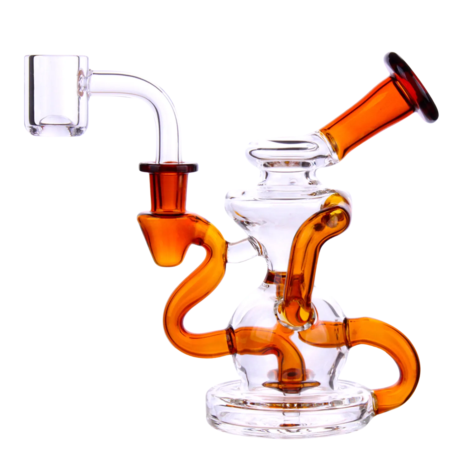 Close-up three-quarter view of the yellow DHC Color Tube Recycler Dab Rig - 5.2 in., showing curved amber accents, clear glass chambers, and a raised banger.