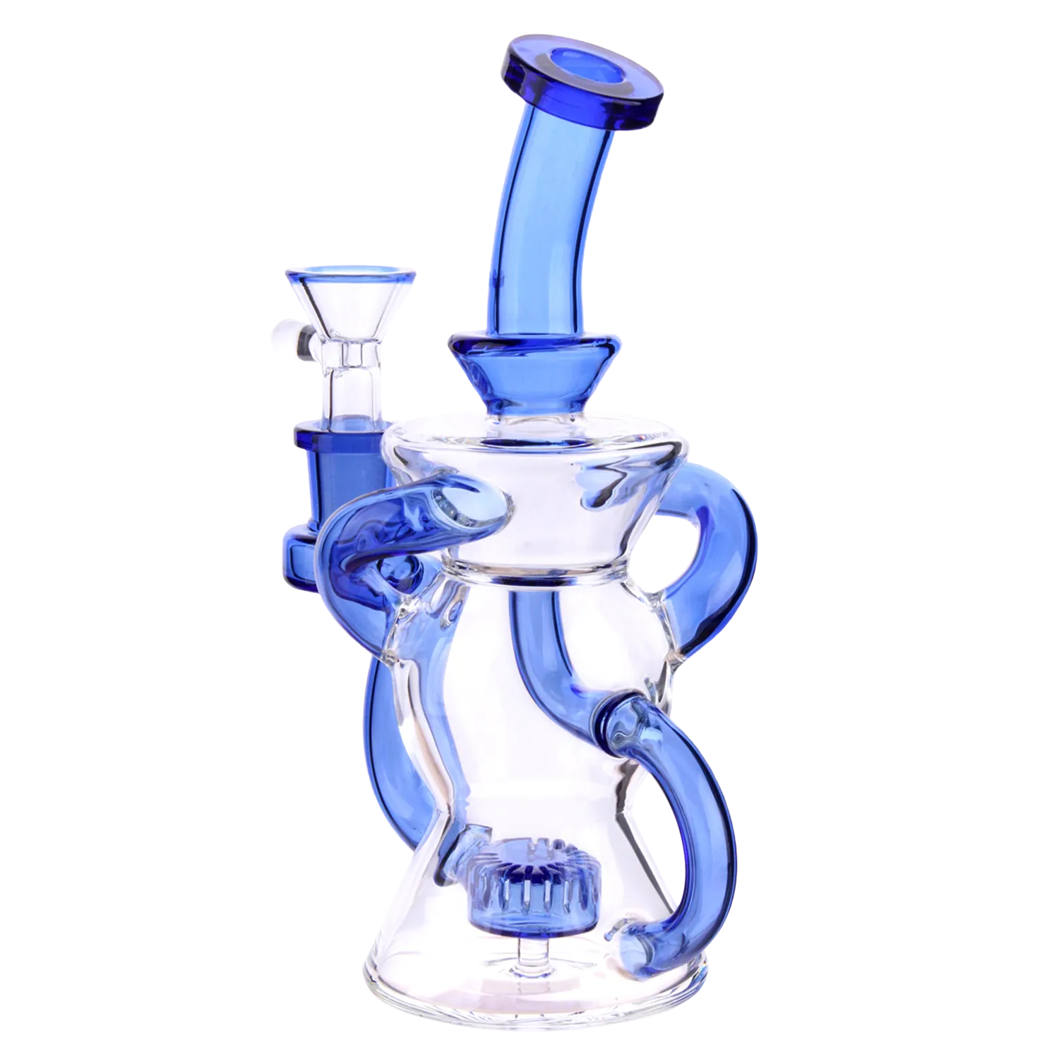 Angled close-up of the blue DHC Color Perc & Tube Recycler Bong - 7 in., showing its curved mouthpiece, looped blue tubing, and clear beaker base.