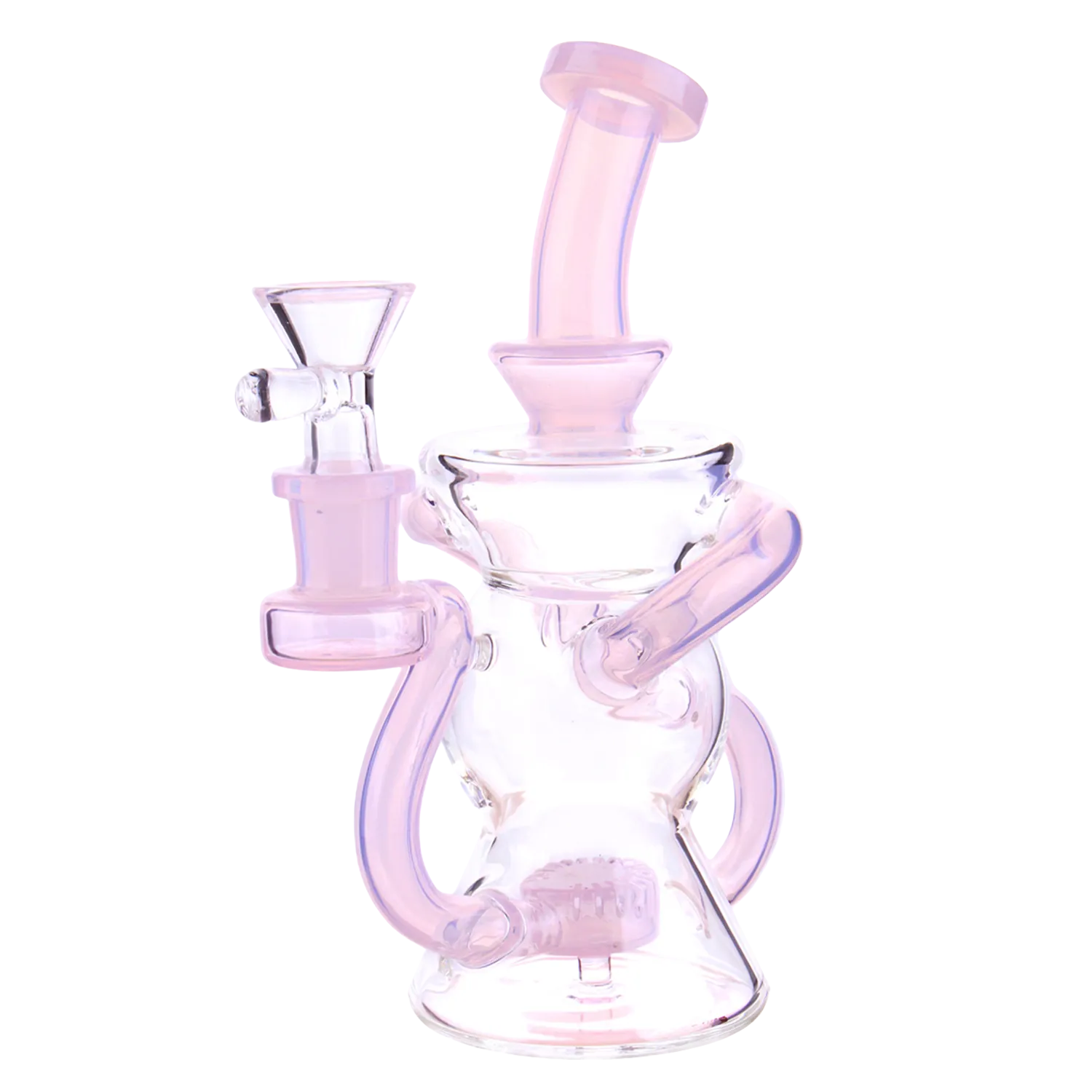 Three-quarter view of the jade pink DHC Color Perc & Tube Recycler Bong - 7 in., showing its curved mouthpiece, dual looping tubes, and clear beaker base against a white background