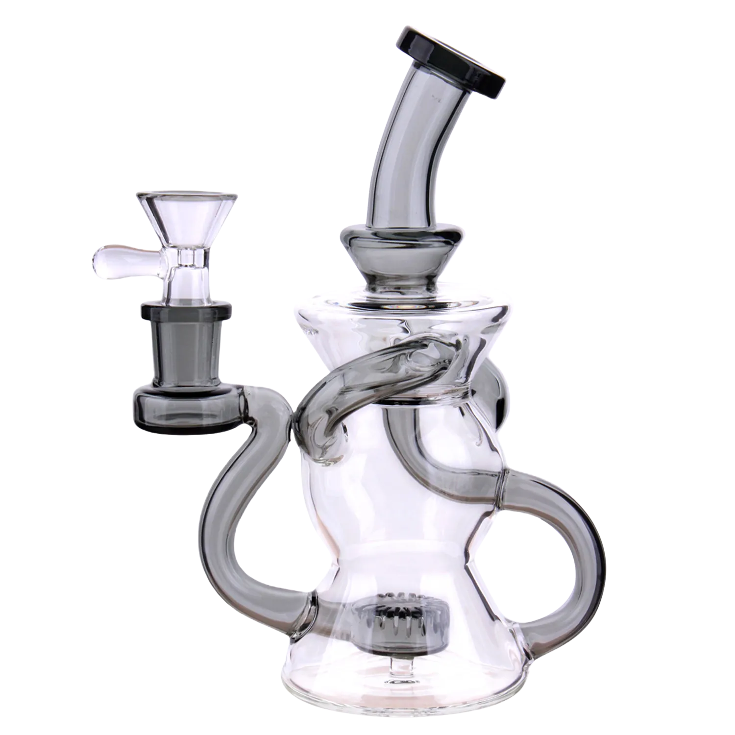 Angled close-up of the DHC Color Perc & Tube Recycler Bong - 7 in., showing its smoke-grey curved mouthpiece, looped recycler tubes, and clear glass body against a white background