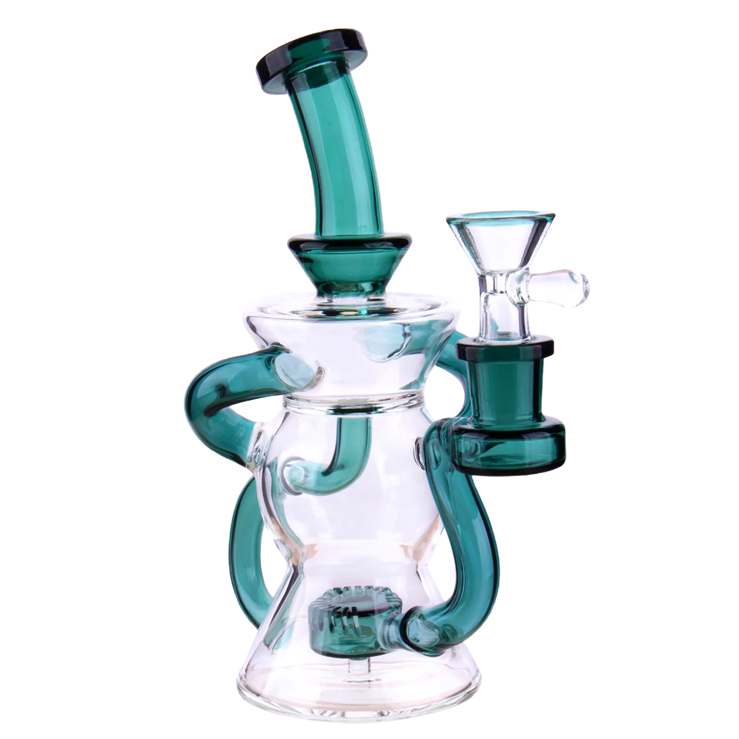 Angled close-up of the teal DHC Color Perc & Tube Recycler Bong - 7 in., showing its curved teal mouthpiece, side recycler tubes, and clear glass chamber.