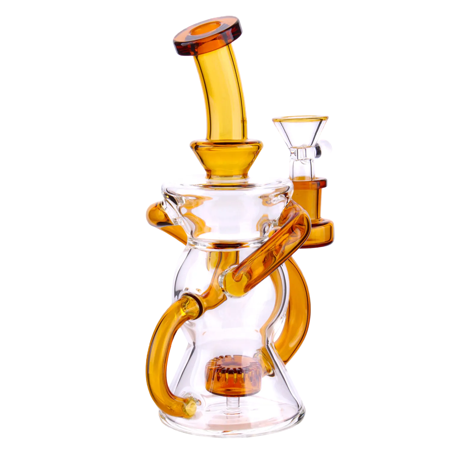 Angled close-up of the smoke-colored DHC Color Perc & Tube Recycler Bong - 7 in., showing amber glass tubing spiraling around a clear beaker base against a white background