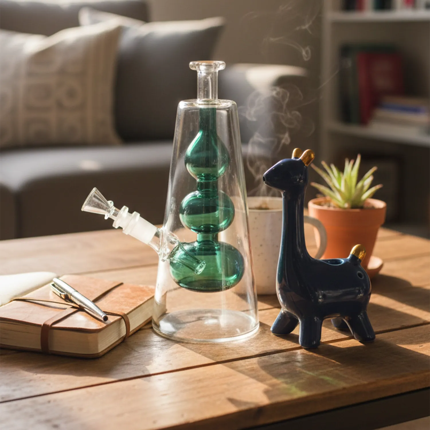 Sunlit close-up of The Bubblah glass piece with green internal spheres sitting on a wooden table beside a navy ceramic giraffe and notebook