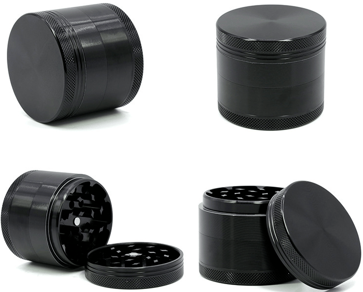 Four angled shots of the black 4-Piece Aluminum Grinder showing smooth tops, knurled edges, and internal teeth on a white background