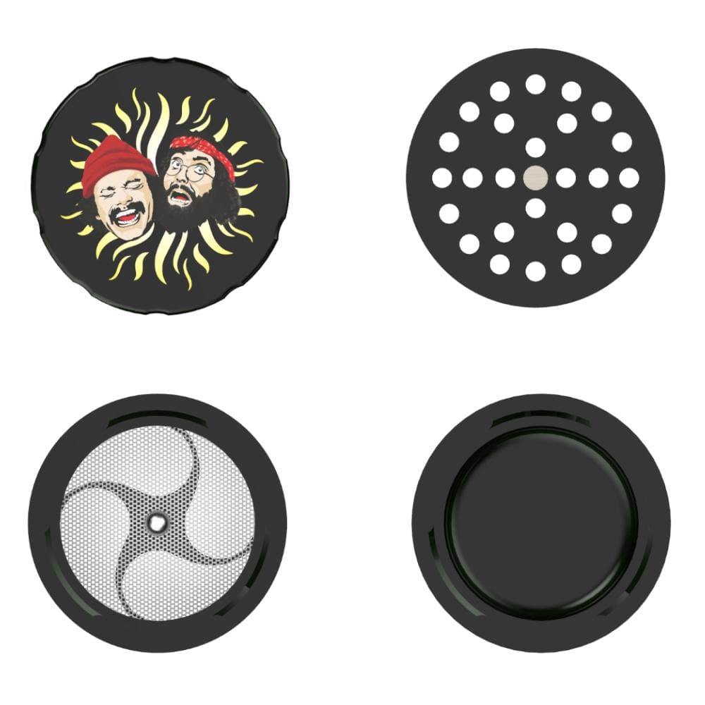 Top-down view of the four black metal pieces of the Up In Smoke 40th Anniversary 53mm 4-Piece Grinder, showing the printed lid with two faces, a perforated grinding plate, a mesh screen, and a solid pollen chamber.