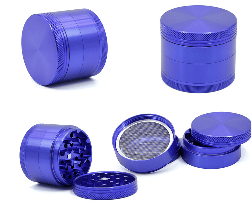 Top-and-angle collage of a metallic blue 4-Piece Aluminum Grinder showing whole, disassembled, and cross-section views with textured grip edges.