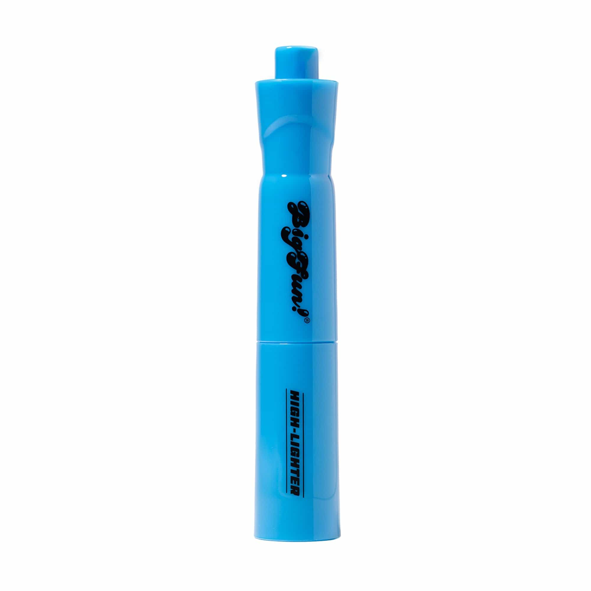 Straight-on close-up of the bright blue BIGFUN! High-Lighter Vaporizer against a white background showing its rounded cap and partial logo.
