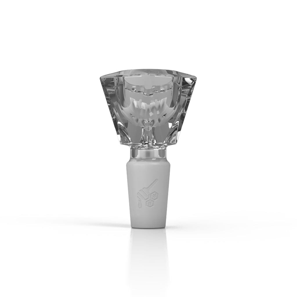 Center-frontal view of the Honeybee Herb Glass Flower Bowl (Fb-4), a clear faceted glass bowl atop a frosted black joint against a white background.