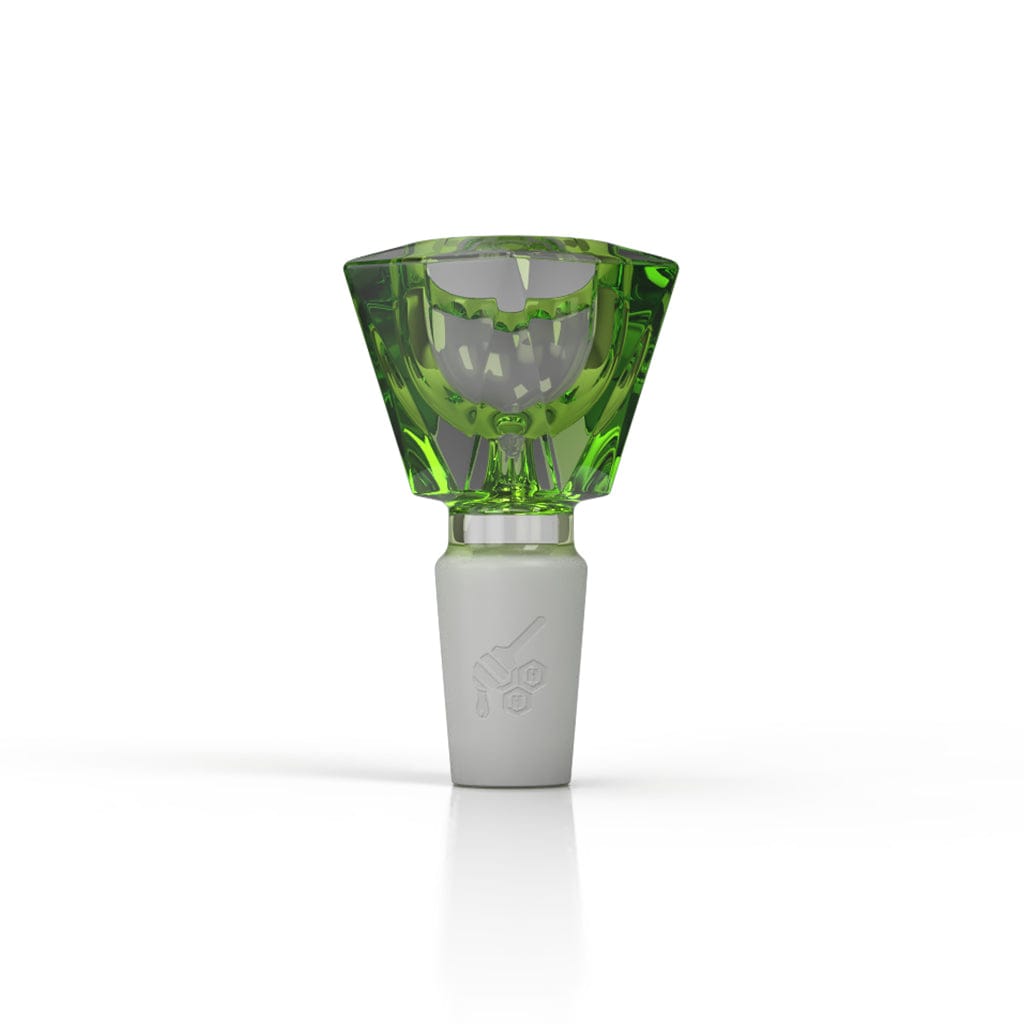 Centered front view of the Honeybee Herb Glass Flower Bowl (Fb-4), a faceted translucent green glass bowl atop a frosted white joint against a white background