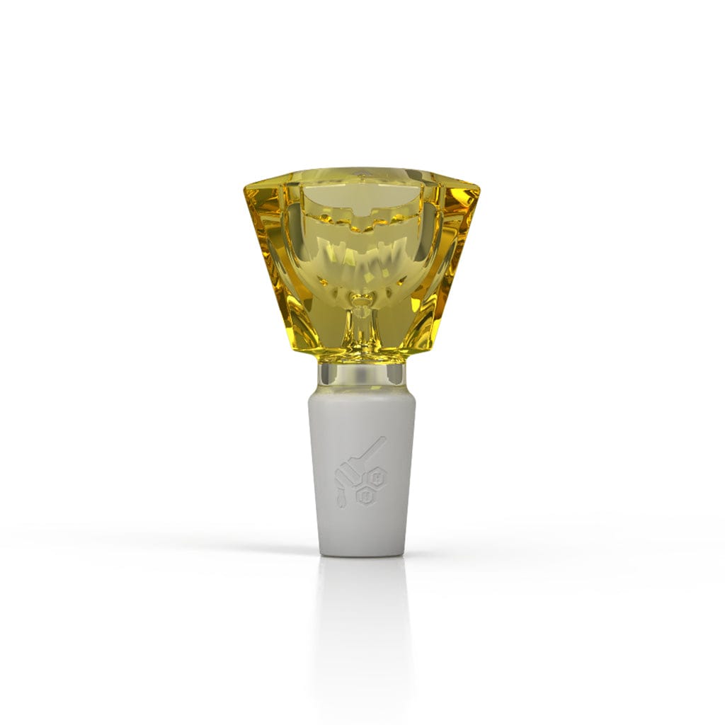 Front-facing close-up of the Honeybee Herb Glass Flower Bowl (Fb-4) showing a yellow faceted glass bowl atop a frosted white joint against a white background