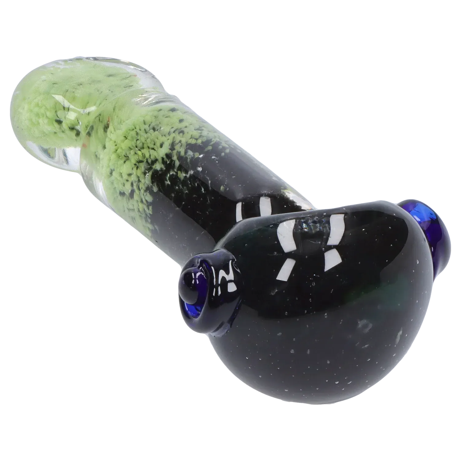 Angled close-up of the DHC Tri-Color Frit Flat Spoon Pipe - 3.5 in. showing a glossy black bowl with blue accent knobs and a green frit-filled clear handle.