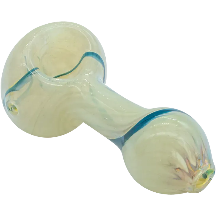 Angled top-down view of the "Bones" White Color Spoon Pipe (Copy) showing its cream‑white swirled glass body with thin teal rim accents and round bowl.