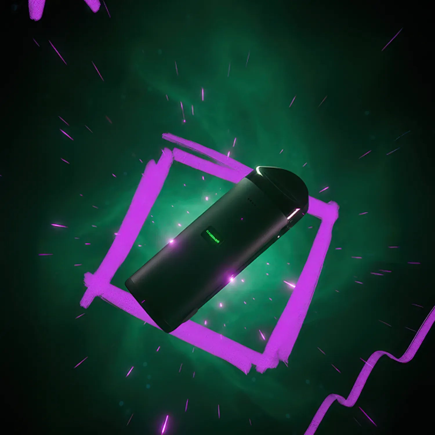 Angled top-down shot of the Cloudious9 Atomic9 Vaporizer floating over a glowing green haze framed by neon purple brushstrokes
