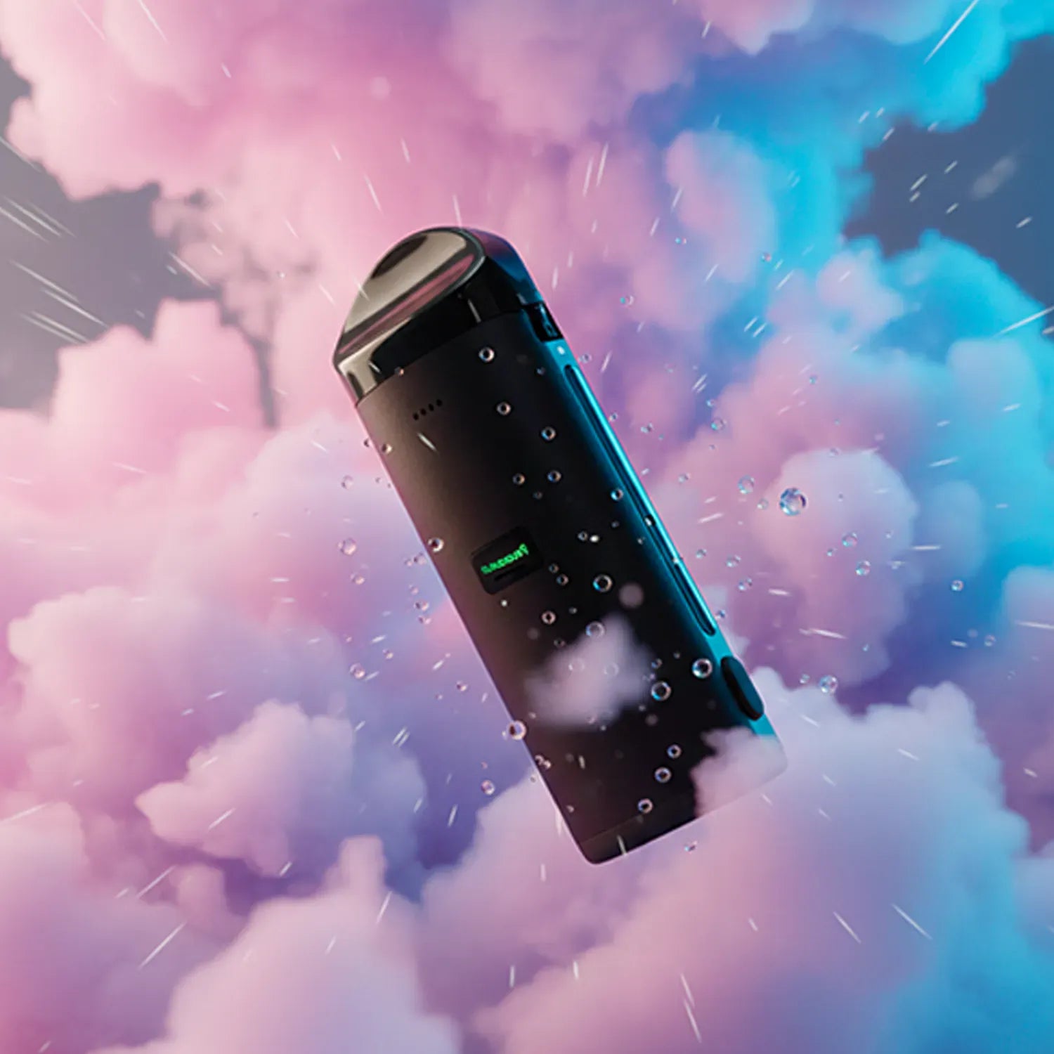 Angled close-up of the Cloudious9 Atomic9 Vaporizer floating amid pink and blue clouds with water droplets and soft directional lighting