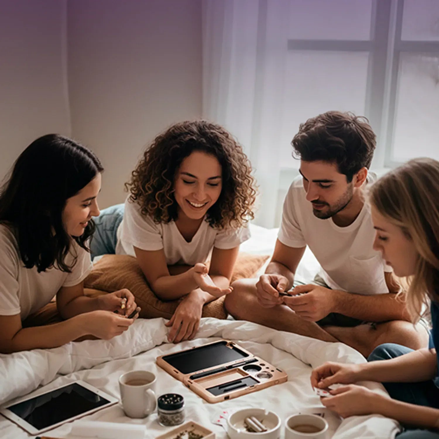 Four friends leaning in on a bed around the M.L.T.9 Portable Rolling Tray Survival Kit displayed open on a white duvet.