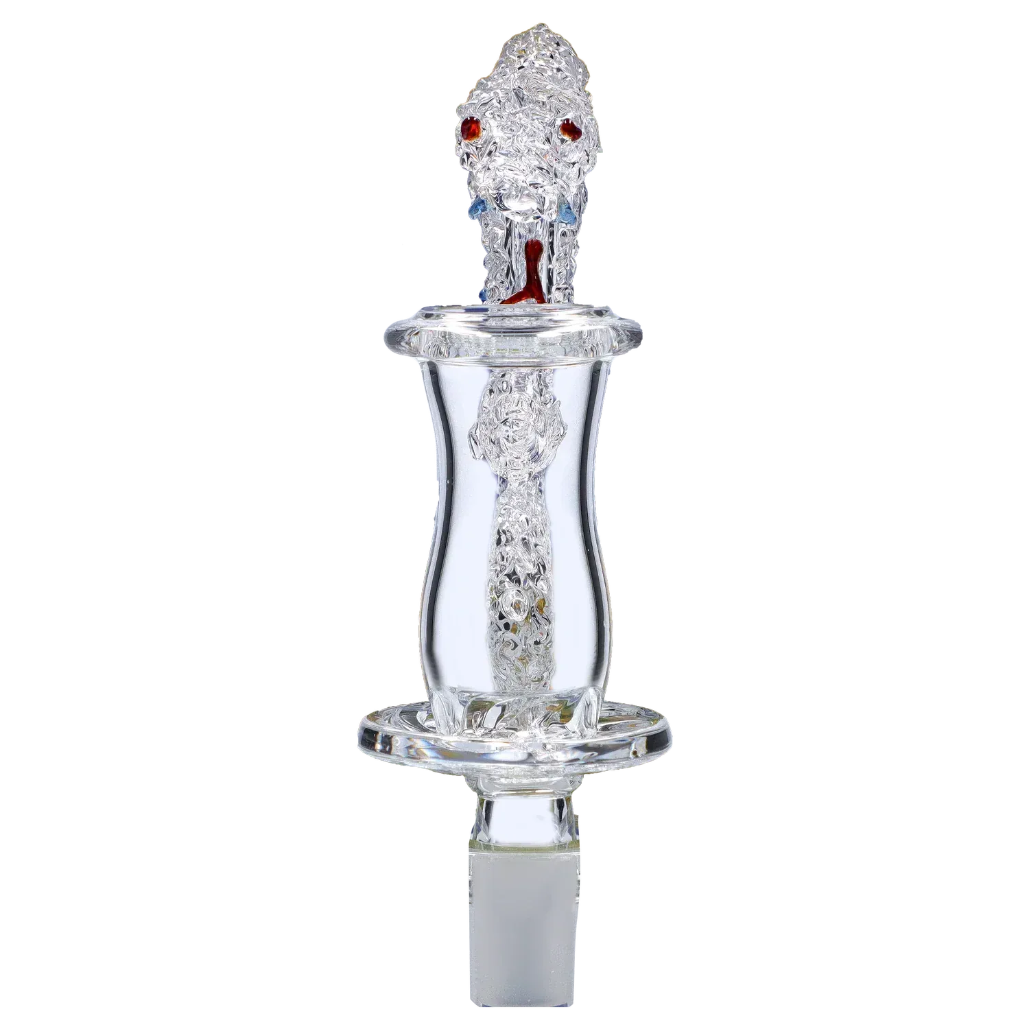 Centered front view of the Quartz Handmade Premium Banger (QZ-53), a clear glass piece with a textured rod and red accents against a neutral striped background