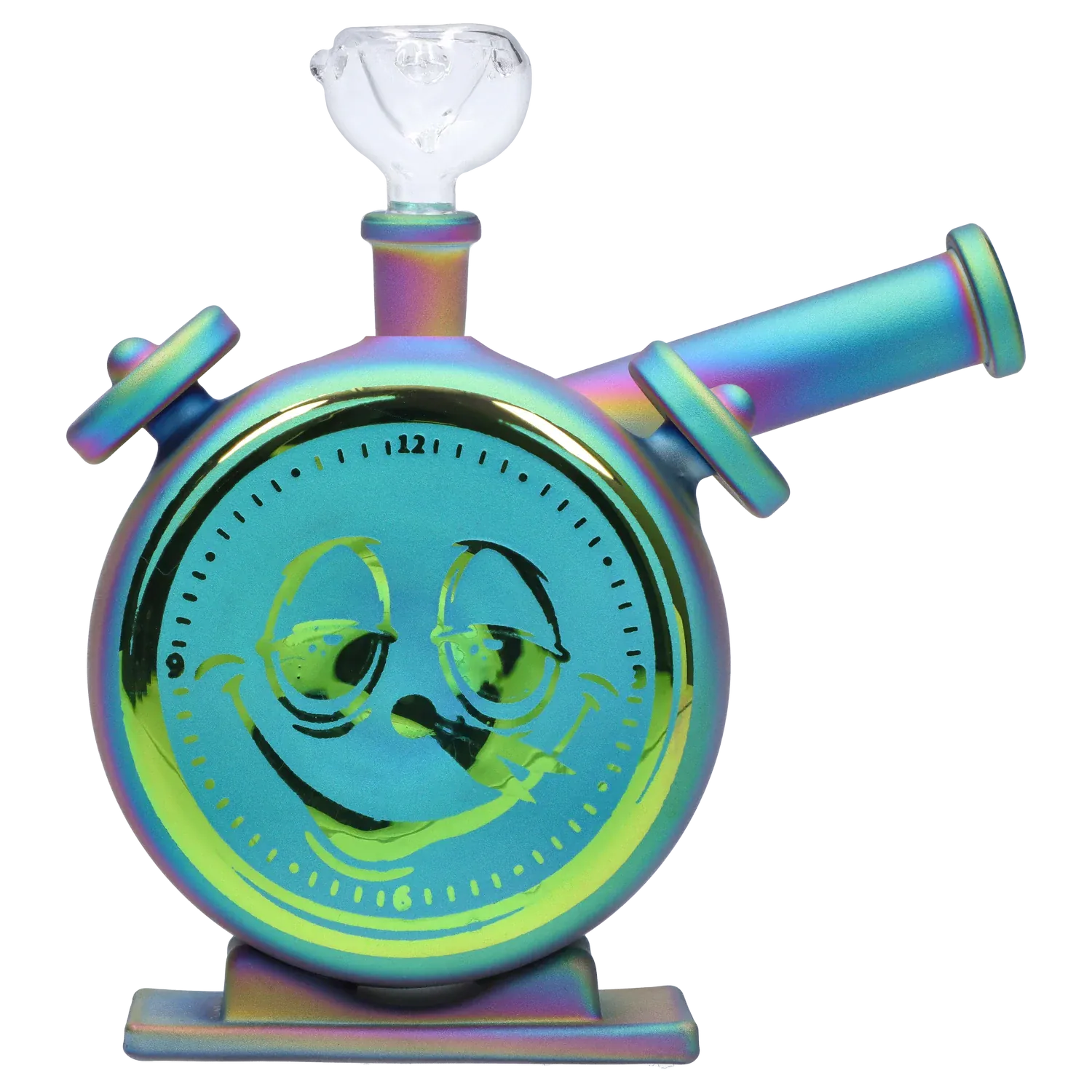 Angled front view of the iridescent DHC Originals Clock Bong with a smiling clock face and clear glass bowl on top
