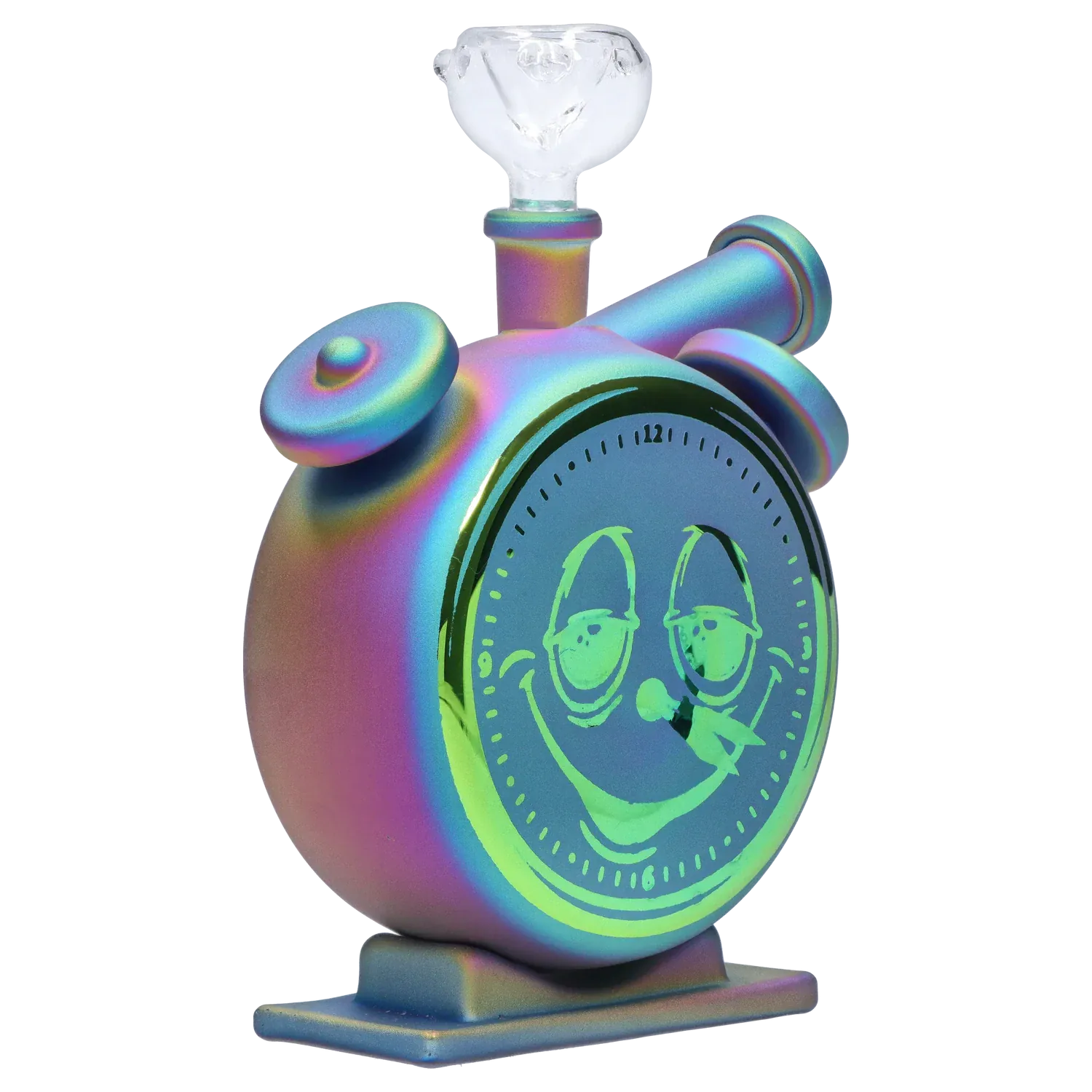 Angled close-up of the iridescent DHC Originals Clock Bong showing its smiling clock face and clear glass bowl from a low front-left view.