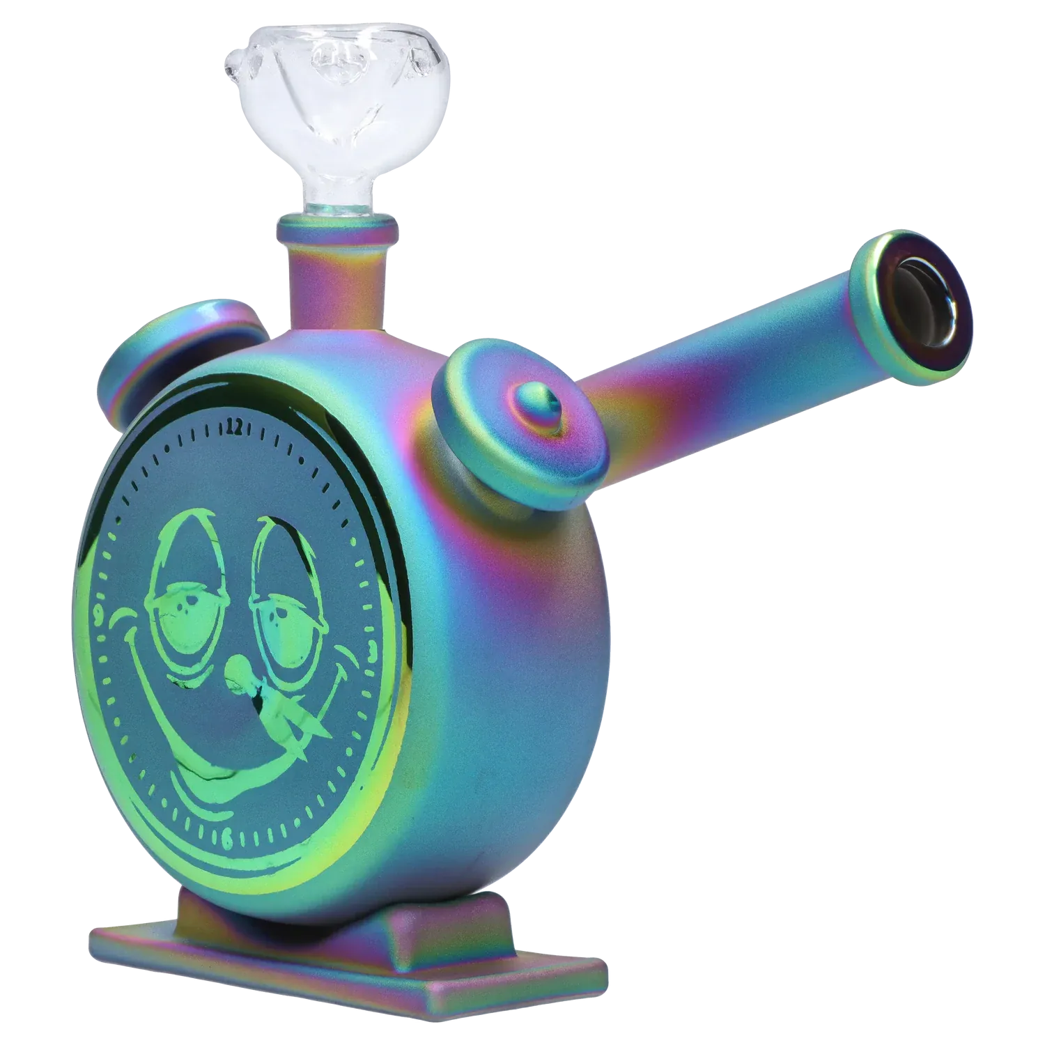 Angled close-up of a metallic rainbow DHC Originals Clock Bong showing its round clock face with a smiling cartoon dial, side handle and clear glass bowl.