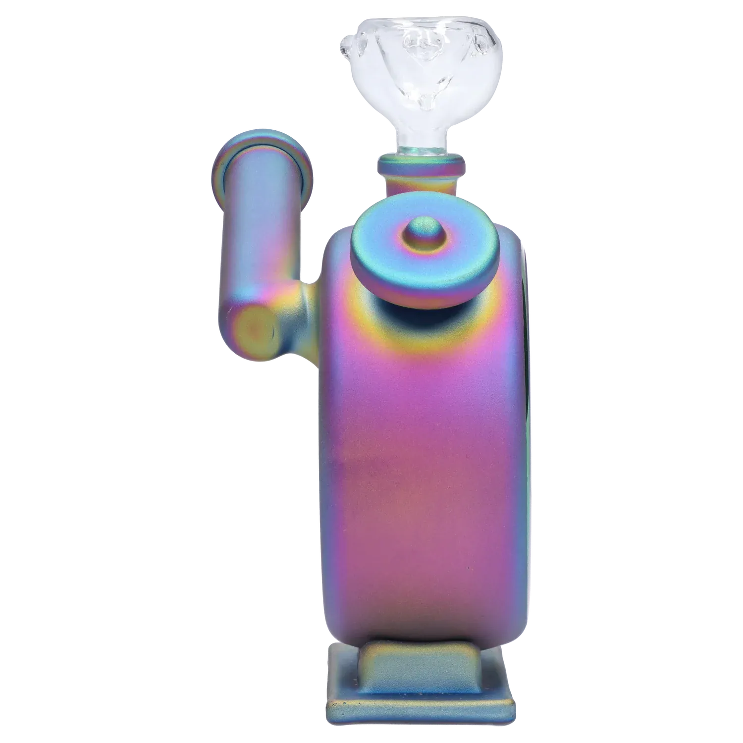 Close-up front view of the iridescent DHC Originals Clock Bong showing its rounded top button, side mouthpiece, and clear glass bowl.
