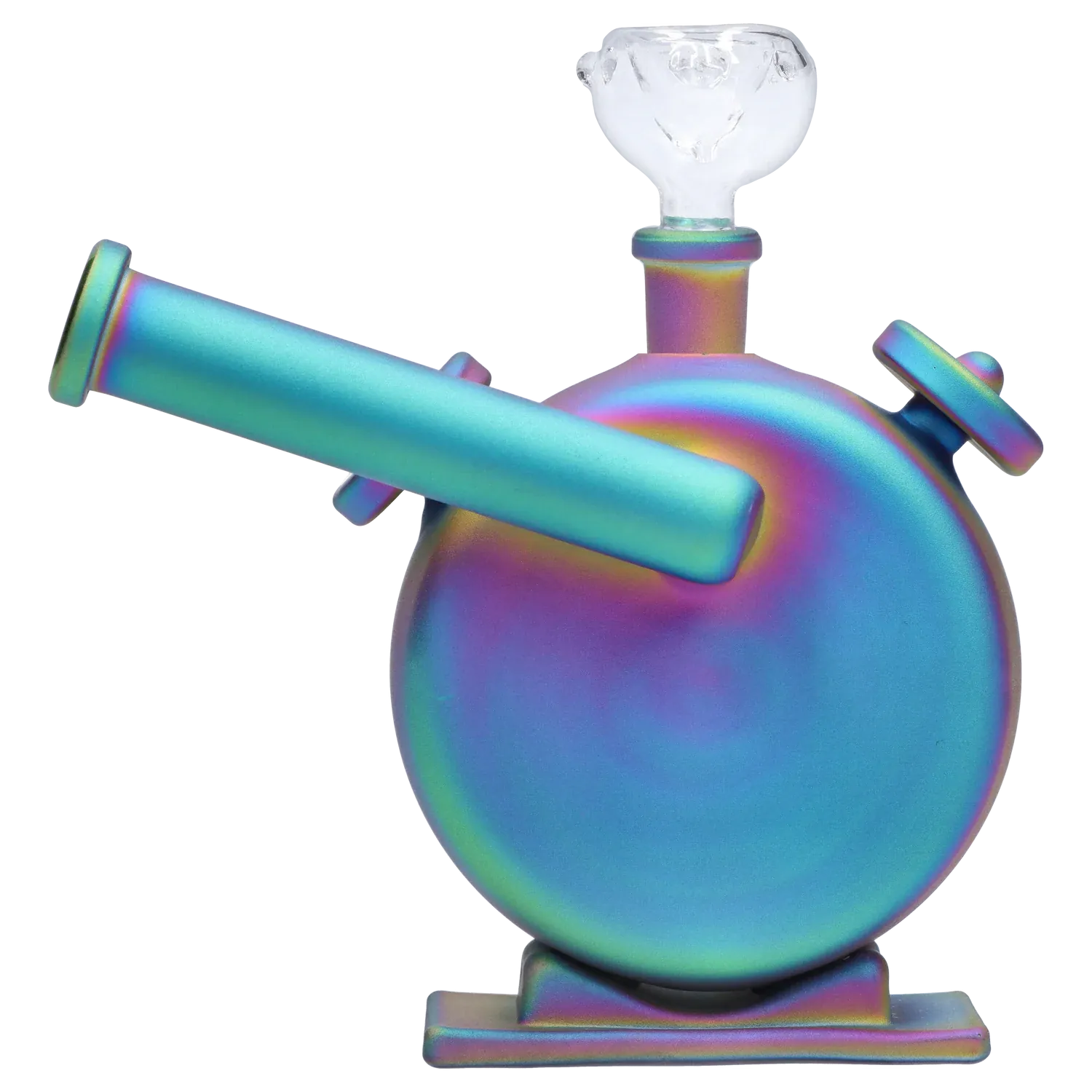 Angled close-up of a rainbow-finish DHC Originals Clock Bong showing its circular body, slanted mouthpiece, and clear glass bowl.