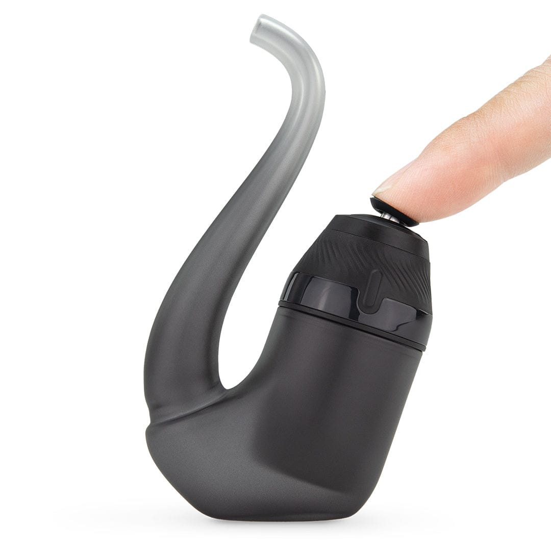 Close-up side view of the black Puffco New Proxy Vaporizer with a curved frosted mouthpiece as a fingertip presses the top button.