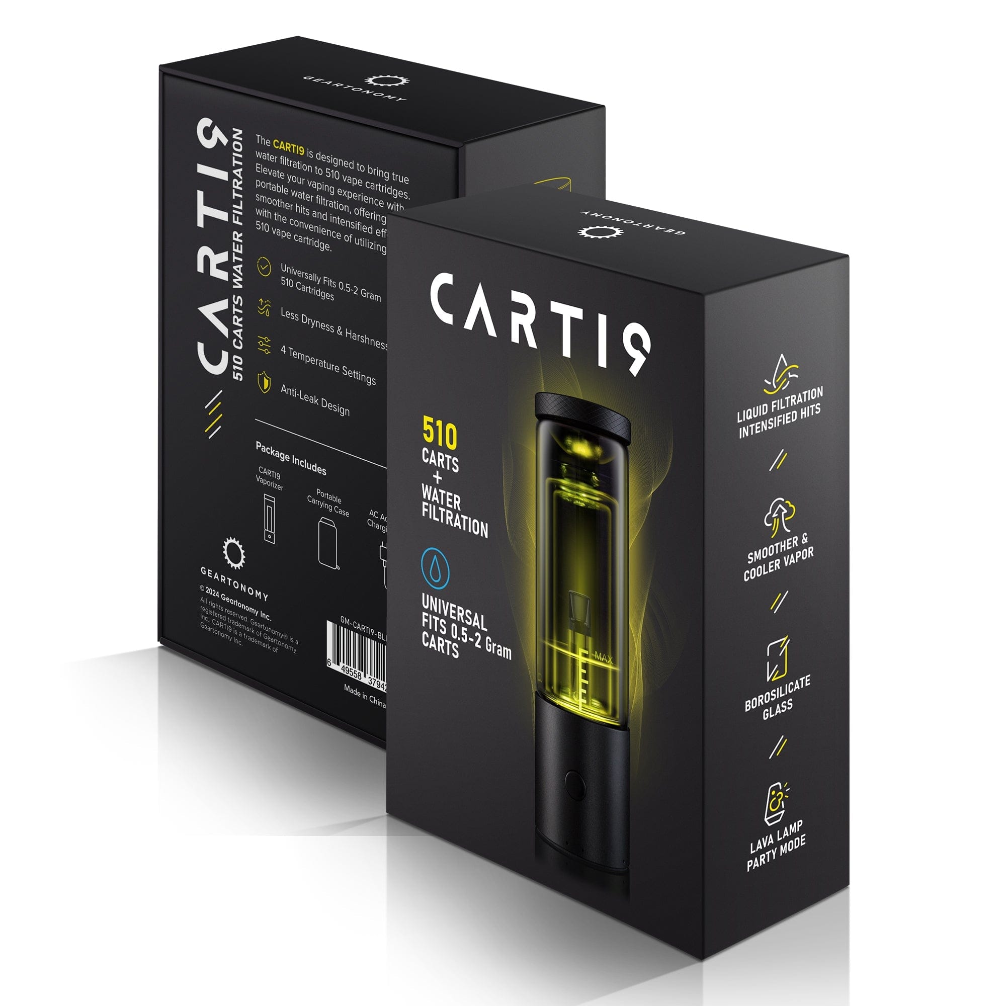 Angled close-up of black retail boxes showing the Cloudious9 Carti9 510 Vape Cart Liquid Filtration Vaporizer branding and glowing yellow-green cartridge detail.