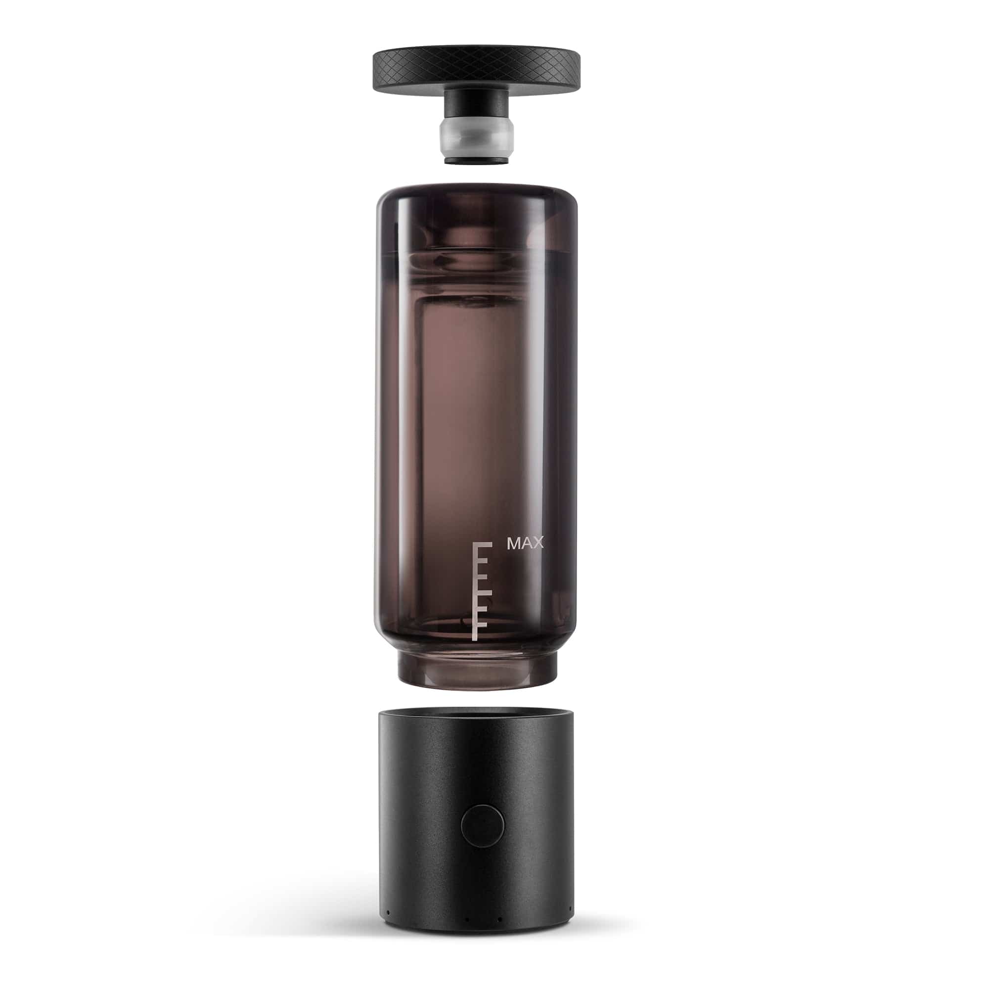 Centered exploded view of the Cloudious9 Carti9 510 Vape Cart Liquid Filtration Vaporizer showing a smoked reservoir and matte black base.