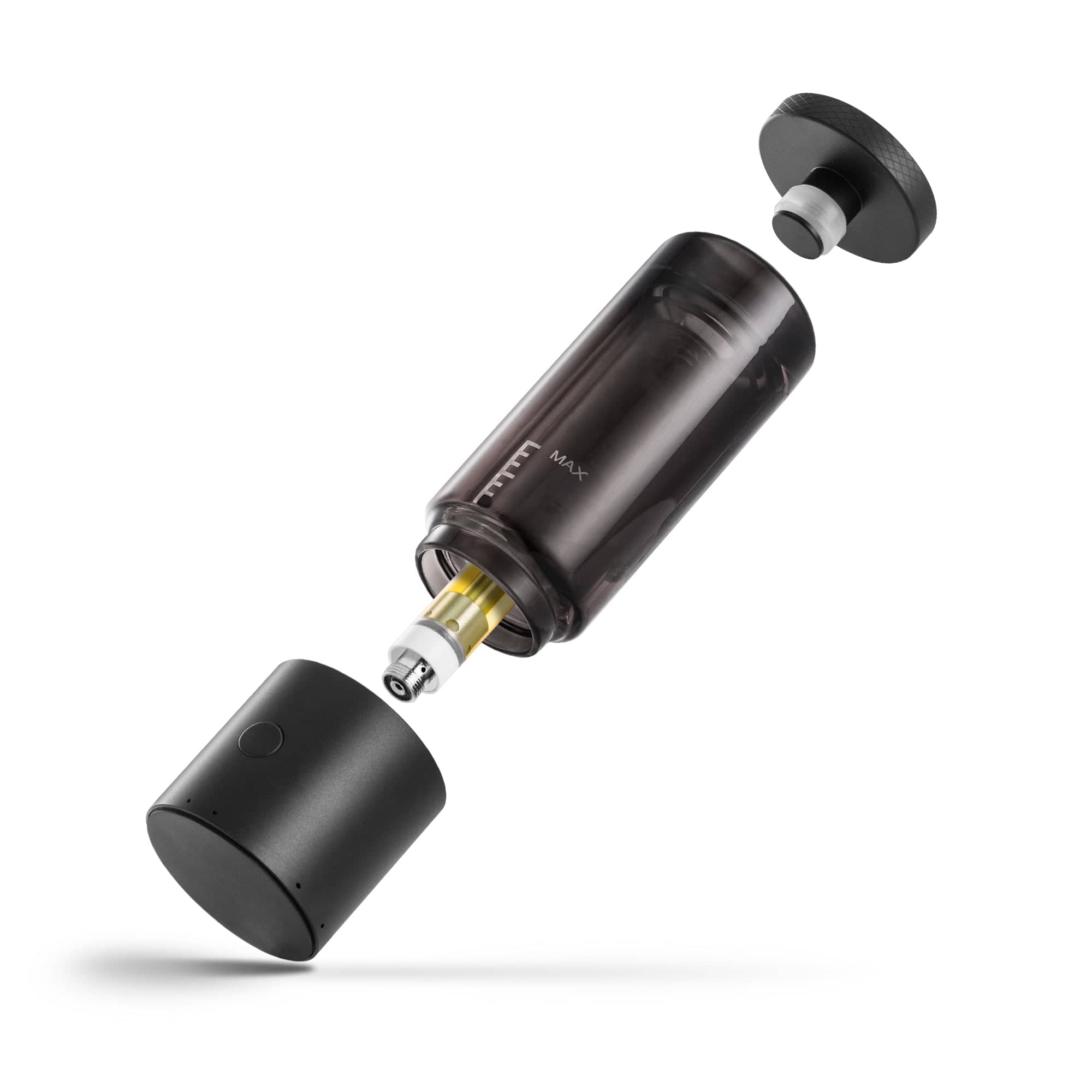 Angled close-up of the Cloudious9 Carti9 510 Vape Cart Liquid Filtration Vaporizer showing its disassembled black cylindrical cartridge, gold atomizer, and matte black housing against a white background
