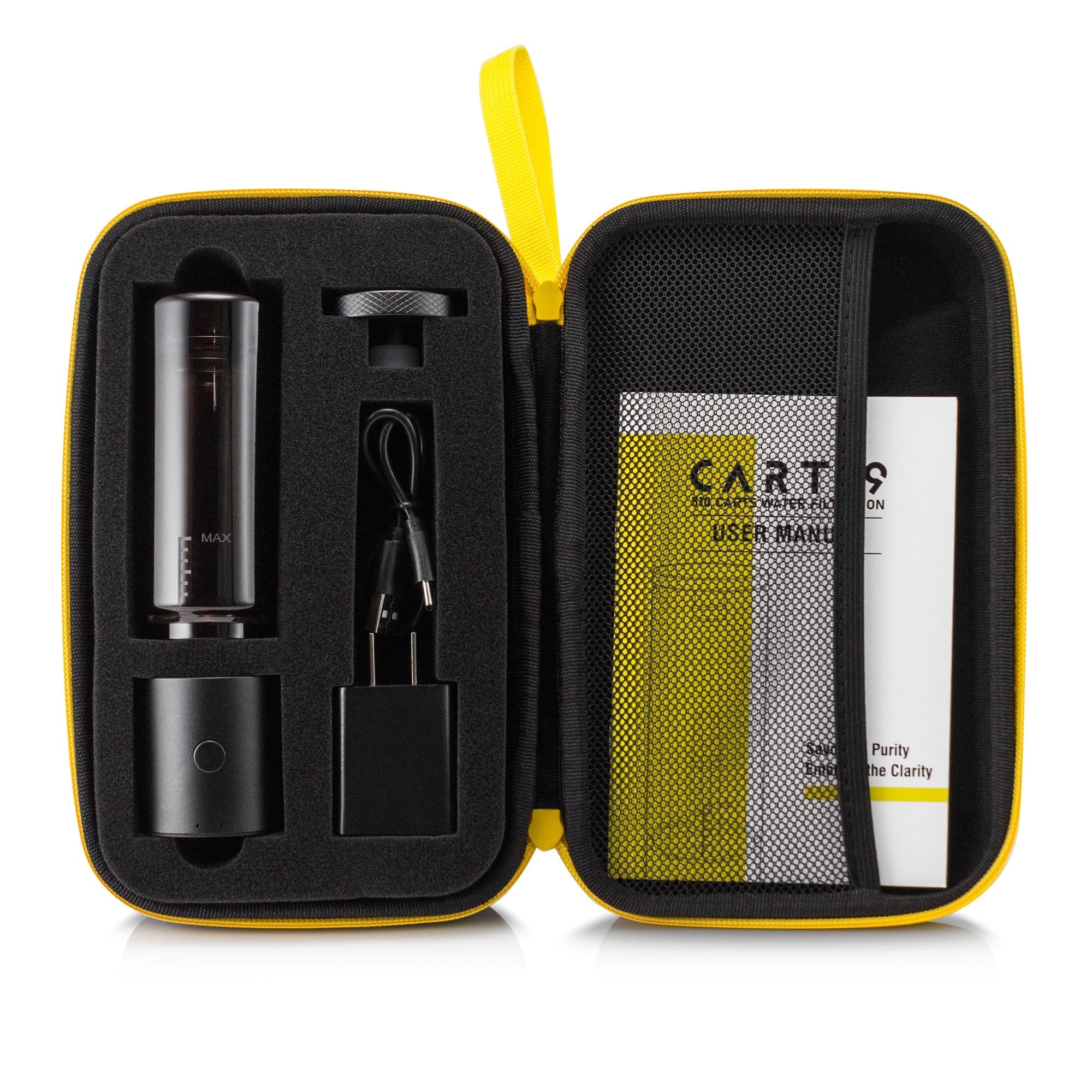 Top-down view of the open carrying case showing the Cloudious9 Carti9 510 Vape Cart Liquid Filtration Vaporizer kit nestled in black foam with a yellow-trimmed zipper and mesh pocket.