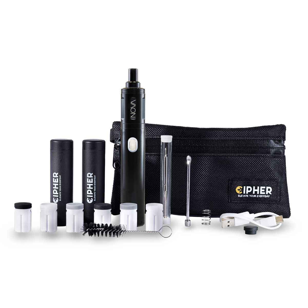Center-front view of the Cipher NOVA | Carbon Black - V2 vaporizer kit standing upright among white jars, tools, a brush, USB cable, and a black zippered carrying pouch.