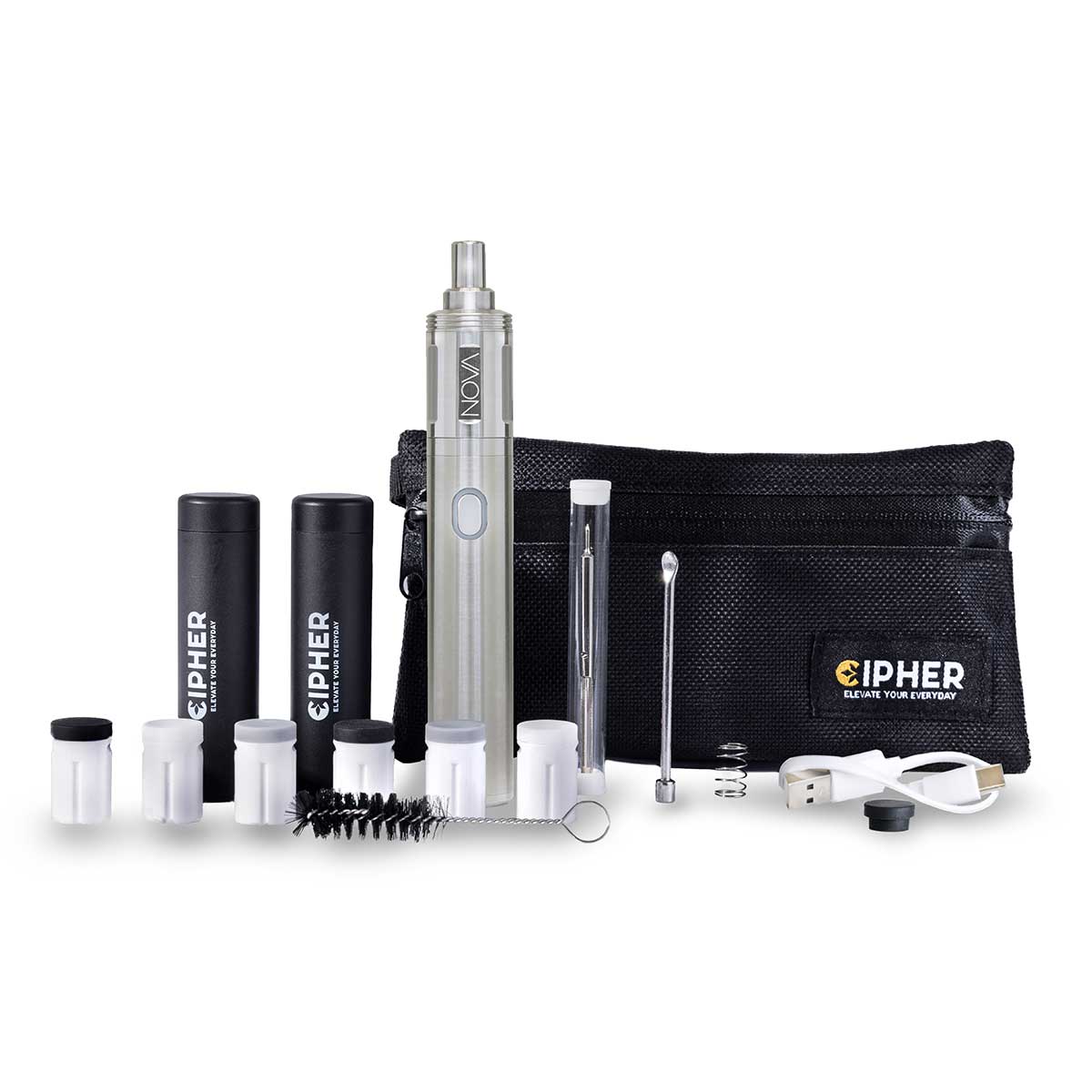 Front-facing studio shot of the Cipher NOVA | Stainless Steel - V2 vaporizer kit centered with its brushed steel device upright amid white storage caps, cleaning brush, glass and metal accessories, USB cable, and a black zip pouch in the background.