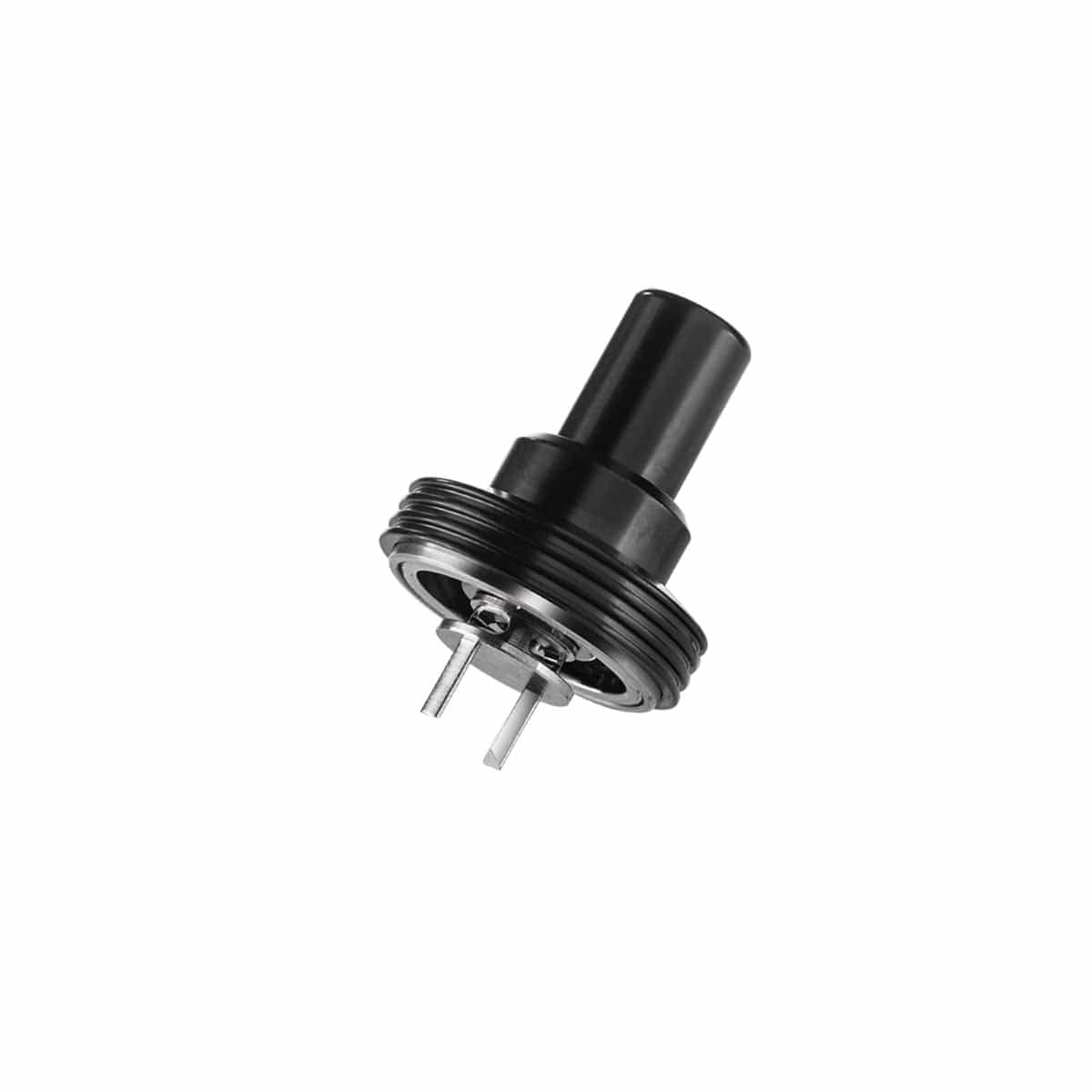 Angled close-up of the Cipher NOVA Replacement Mouthpiece - V2 showing its black cylindrical top, threaded rubber gasket, and two exposed metal prongs on a white background