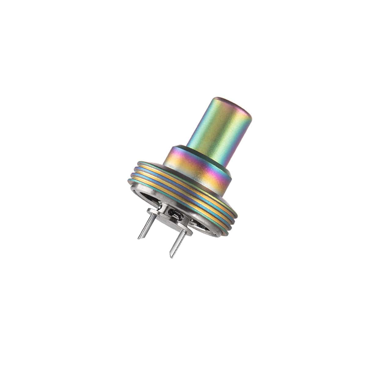 Angled close-up of the stainless steel Cipher NOVA Replacement Mouthpiece - V2 showing its iridescent cylindrical top, ribbed flange and two metal prongs against a white background