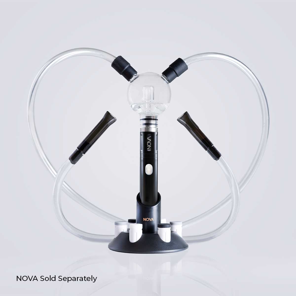 Centered front view of the Cipher NOVA Water Hookah Kit with its clear hoses looped symmetrically around a black central stem and round glass bowl.