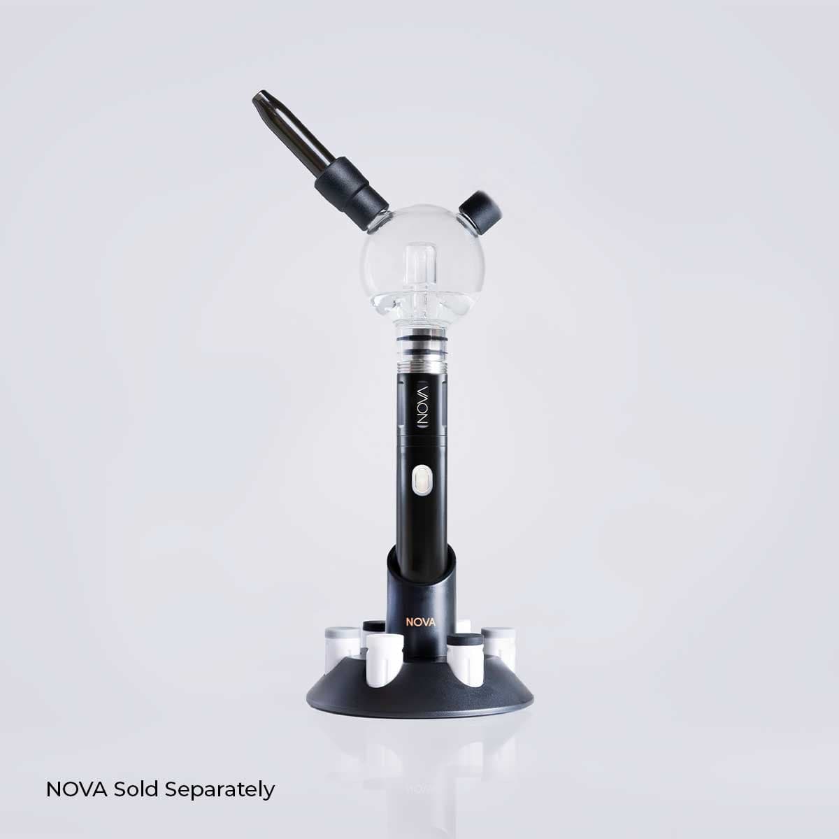Front view of the Cipher NOVA Water Hookah Kit standing upright on its circular black base with a clear glass globe and angled black mouthpiece against a soft gray background