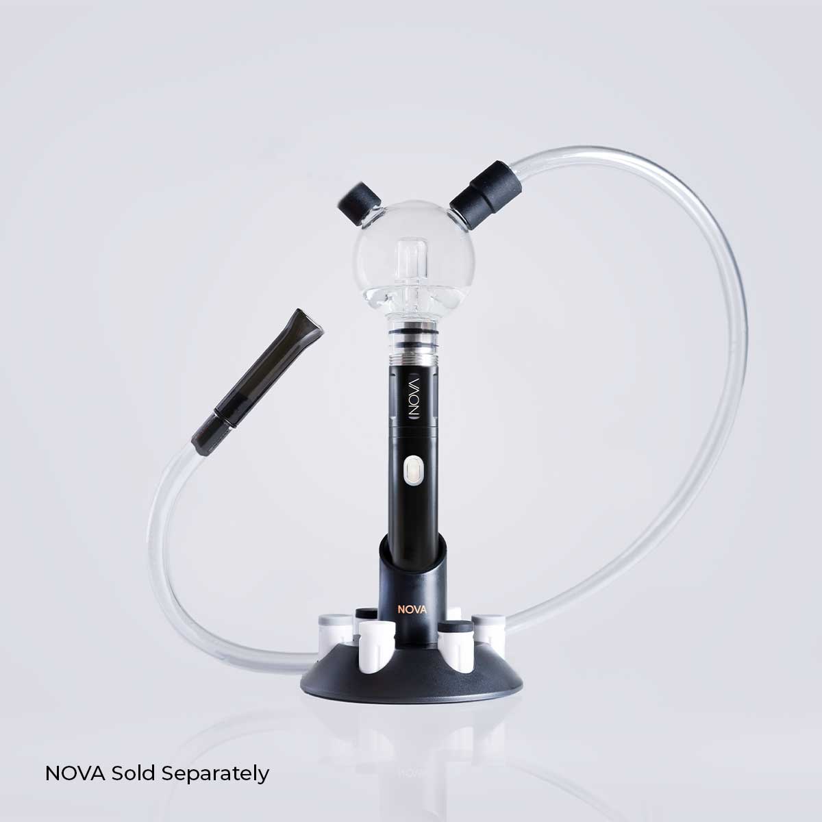 Centered front view of the Cipher NOVA Water Hookah Kit showing its black vertical stem topped by a clear glass globe and two clear hoses arcing to either side on a pale gray background
