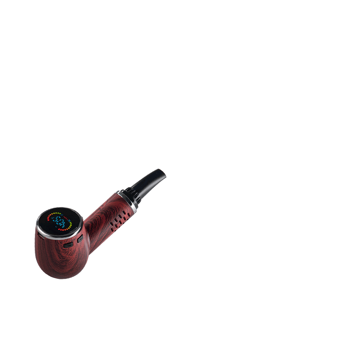 Angled close-up of the wood-grain Cipher Nautilus V3 Churchwarden Stem Kit showing its bowl with a circular LED display and a black mouthpiece on a white background
