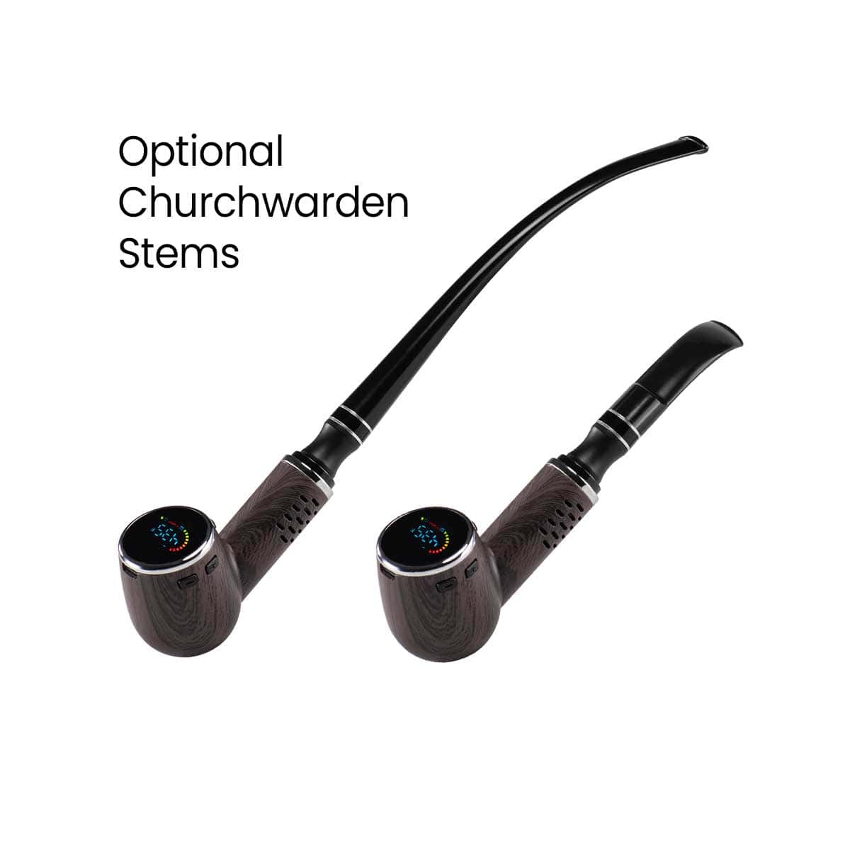Two angled studio shots of the Cipher Nautilus V3 Dry Herb Vaporizer | Black Wood showing its wood-grain bowl with a round digital display and two alternate curved black stems.