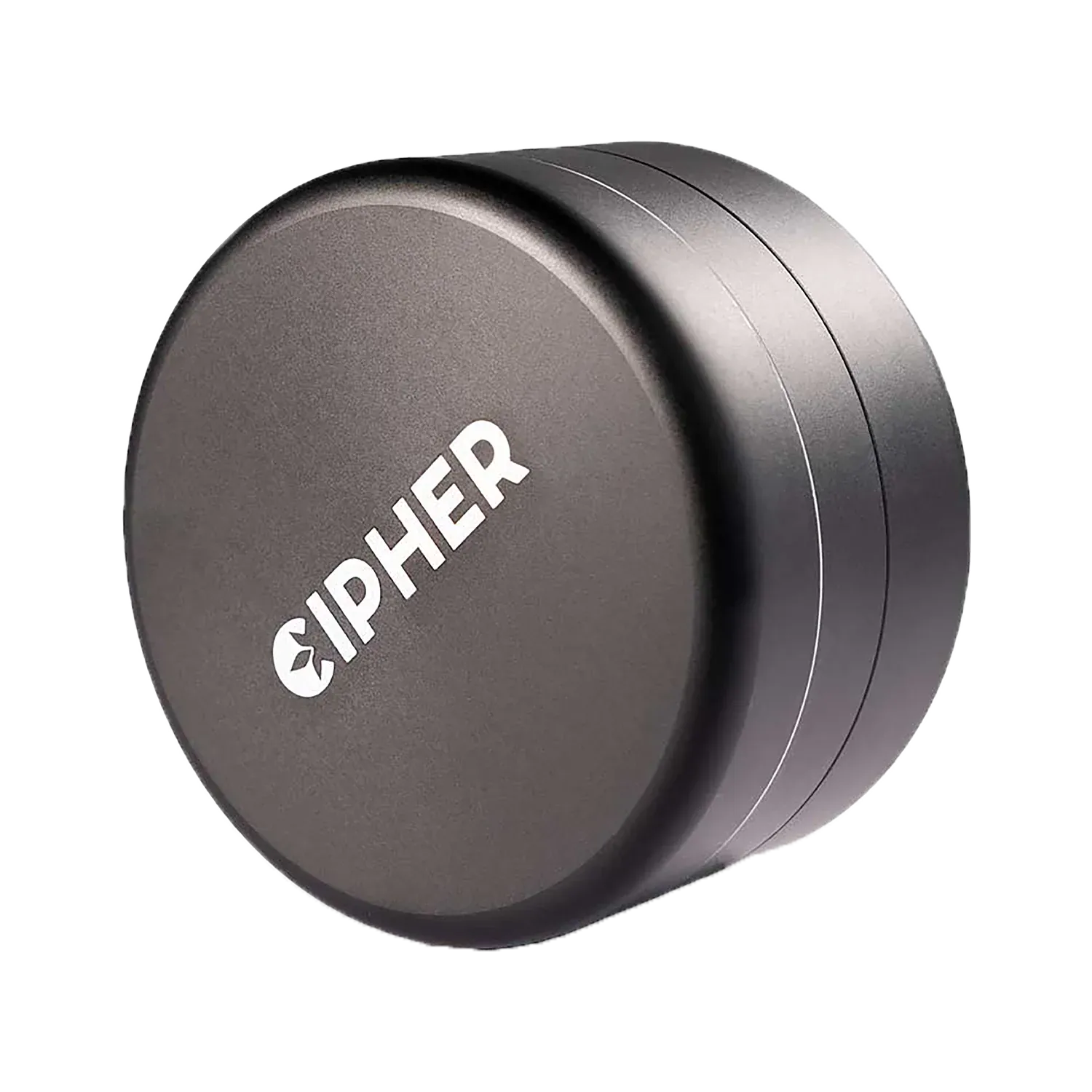 Angled close-up of the rose gold Cipher Ultra 3-piece Herb Grinder showing its stacked cylindrical sections and bold white logo on the lid.