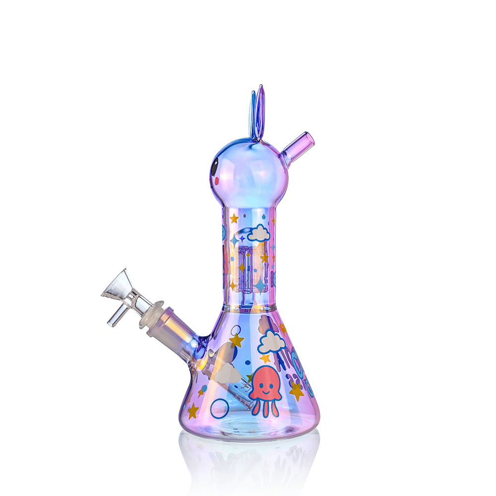 Front view of the Croia Glass Cute Bunny Beaker Bong with Tree Perc | Croia Glass showing a iridescent pink-purple beaker with bunny head mouthpiece and cartoon cloud and star decals.